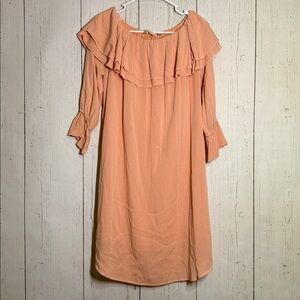 Soft Surroundings Pink Bossa Nova Shoulder Ruffle 3/4 Sleeve Dress Petite Medium